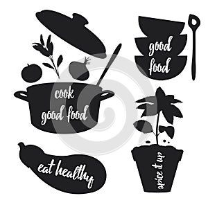Kitchen related silhouettes with text
