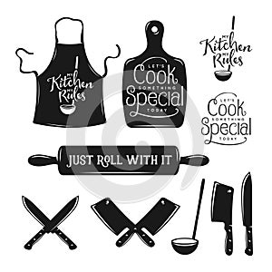 Kitchen related typography set. Quotes about cooking. Vintage vector illustration.