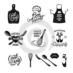 Kitchen related typography set. Quotes about cooking. Vintage vector illustration.