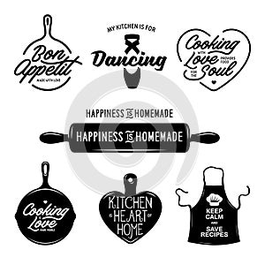 Kitchen related typography set. Quotes about cooking. Vintage vector illustration.