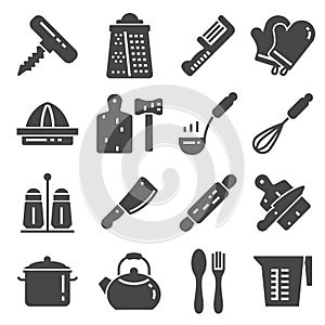 Kitchen related utensils and appliances silhouette icons set