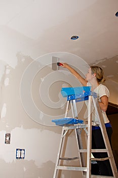 Kitchen Remodel Young Woman Taping Ceiling Joint Portrait