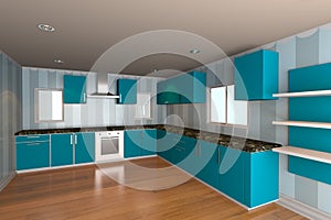 Kitchen room with blue wallpaper photo