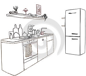 Kitchen room graphic black white home interior sketch illustration vector