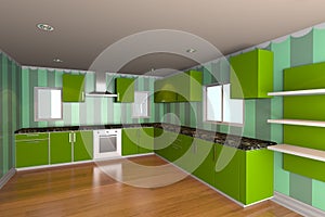 Kitchen room with green wallpaper photo