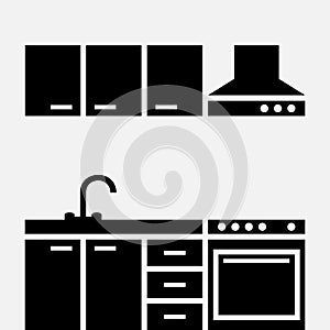 Kitchen room icon with cooker, hood, sink and furniture