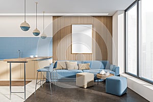 Kitchen room interior with couch and bar chairs, window. Mockup frame