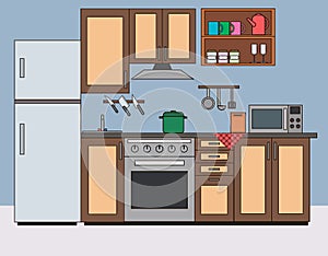 Kitchen room interior flat vector illustration