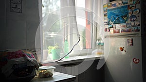 Kitchen room with window and curtain on wind, summer sunny day at real home