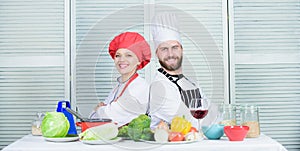 Kitchen rules. man and woman chef in restaurant. Dieting and vitamin. culinary cuisine. vegetarian. cook uniform. Family