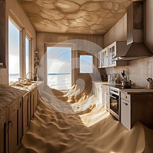 Kitchen with a sandy floor, blown away by a gust of wind, AI-generated.