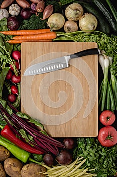 Kitchen Santoku Knife on Wood Cutting Board with Fresh Vegetables photo