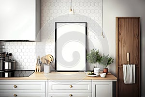 Kitchen in scandinavian style with empty poster mockup. Generative ai