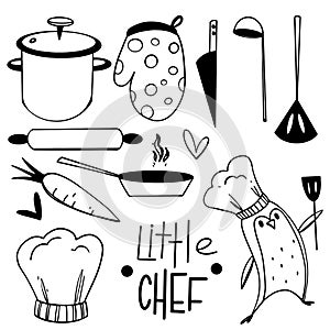 Kitchen set inscription little chef, knife, soup ladle, penguin, cook hat, potholder. Digital doodle outline art. Print for sticke