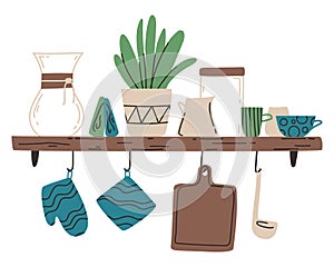 A kitchen shelf with kitchenware flat vector illustration. Chemex, cups for coffee, pitcher for milk and untensil for