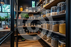 A kitchen shelf stocked with neatly labeled jars of dry foods, showcasing an efficient use of space. This setting