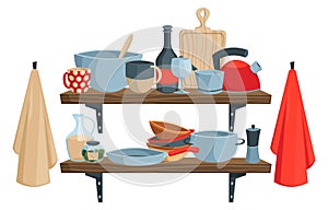 Kitchen shelf with utensils. Flat tableware and kitchenware, cartoon flat kitchen interior with pots pans and utensils