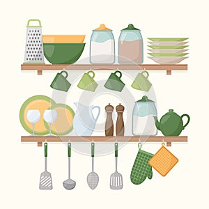 Kitchen shelves with cooking tools. Set of kitchen utensils, vector illustration