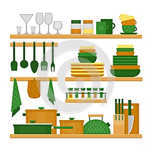 Kitchen shelves and cooking utensils. Flat style, vector illustration.