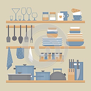 Kitchen shelves and cooking utensils. Flat style, vector illustration.