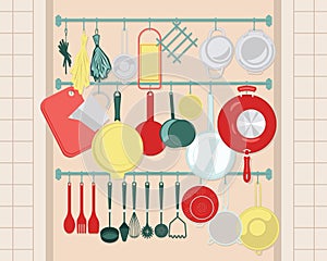 Kitchen Shelves With Cooking Utensils in Retro Style.