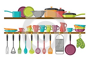Kitchen shelves and cooking utensils photo