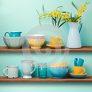 Kitchen shelves with cups and dishes