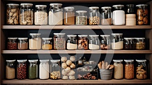 Kitchen shelves with glass jars filled with groceries. concept of zero waste home and lifestyle