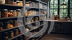 Kitchen shelves with glass jars filled with groceries. concept of zero waste home and lifestyle