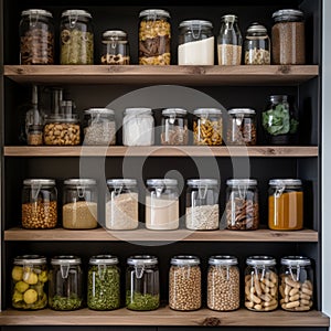 Kitchen shelves with glass jars filled with groceries. concept of zero waste home and lifestyle