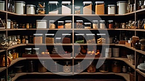 Kitchen shelves with glass jars filled with groceries. concept of zero waste home and lifestyle