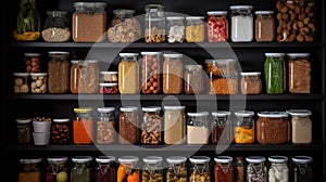 Kitchen shelves with glass jars filled with groceries. concept of zero waste home and lifestyle