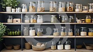 Kitchen shelves with glass jars filled with groceries. concept of zero waste home and lifestyle