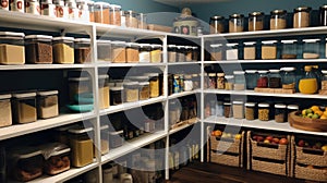 Kitchen shelves with glass jars filled with groceries. concept of zero waste home and lifestyle