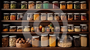 Kitchen shelves with glass jars filled with groceries. concept of zero waste home and lifestyle