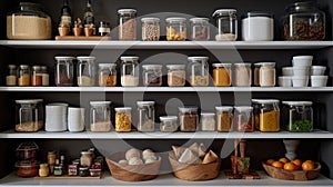 Kitchen shelves with glass jars filled with groceries. concept of zero waste home and lifestyle