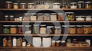 Kitchen shelves with glass jars filled with groceries. concept of zero waste home and lifestyle