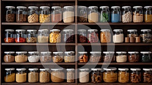 Kitchen shelves with glass jars filled with groceries. concept of zero waste home and lifestyle