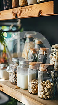 Kitchen shelves with glass jars of milk and almonds, near a window., Generated AI