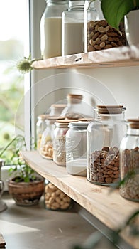 Kitchen shelves with glass jars of milk and almonds, near a window., Generated AI
