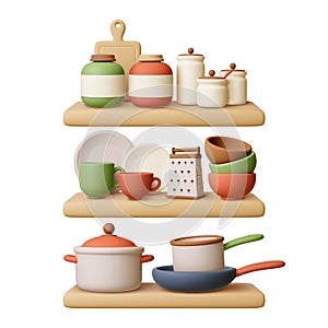 Kitchen shelves. Kitchenware 3d elements stand on shelf. Bowls and cup, pan and pots. Cooking and food preparation