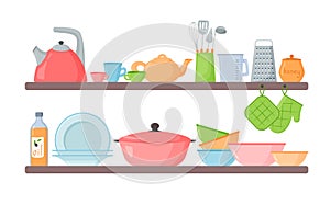 Kitchen shelves. kitchenware dishes cups and cooking devises on wooden shelves. Vector illustration