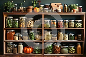 Kitchen shelves topped with lots of bottles and jars with canned food. Vegetables in jars.