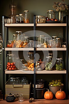 Kitchen shelves topped with lots of bottles and jars with canned food. Vegetables in jars.