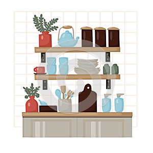 Kitchen shelves with utensils and various decorations. convenience and arrangement of items for cooking. Vector flat illustration