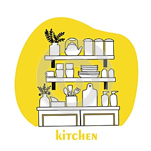 Kitchen shelves with utensils and various home decor. Convenience and arrangement of items for cooking. Line art, hand drawing.