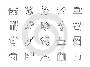 Kitchen signs. Cook icons. Food eating. Cooking pan. Plate with fork and spoon. Pot and knife for chef. Prepare time