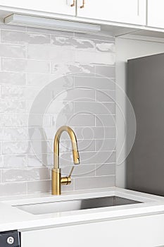 A kitchen sink detail with white cabinets and gold faucet.