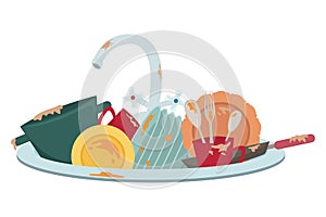 Kitchen sink with dirty dishes. Housework. Isolated illustration