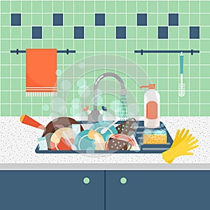 Kitchen sink with dirty kitchenware and dishes